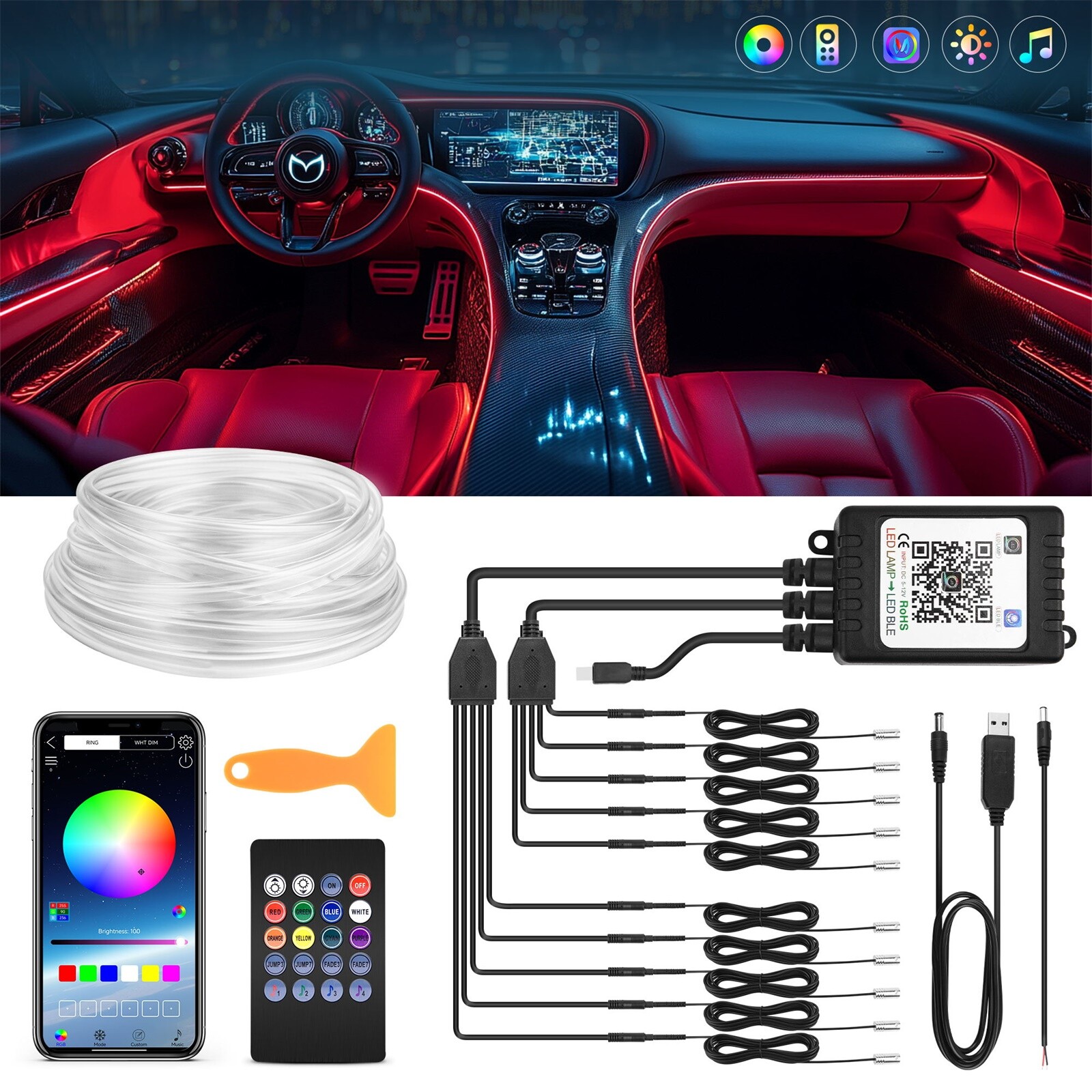 RGB 10-in-1 Interior Car LED Strip Light Neon Ambient Light Kit Fiber Optic Tube