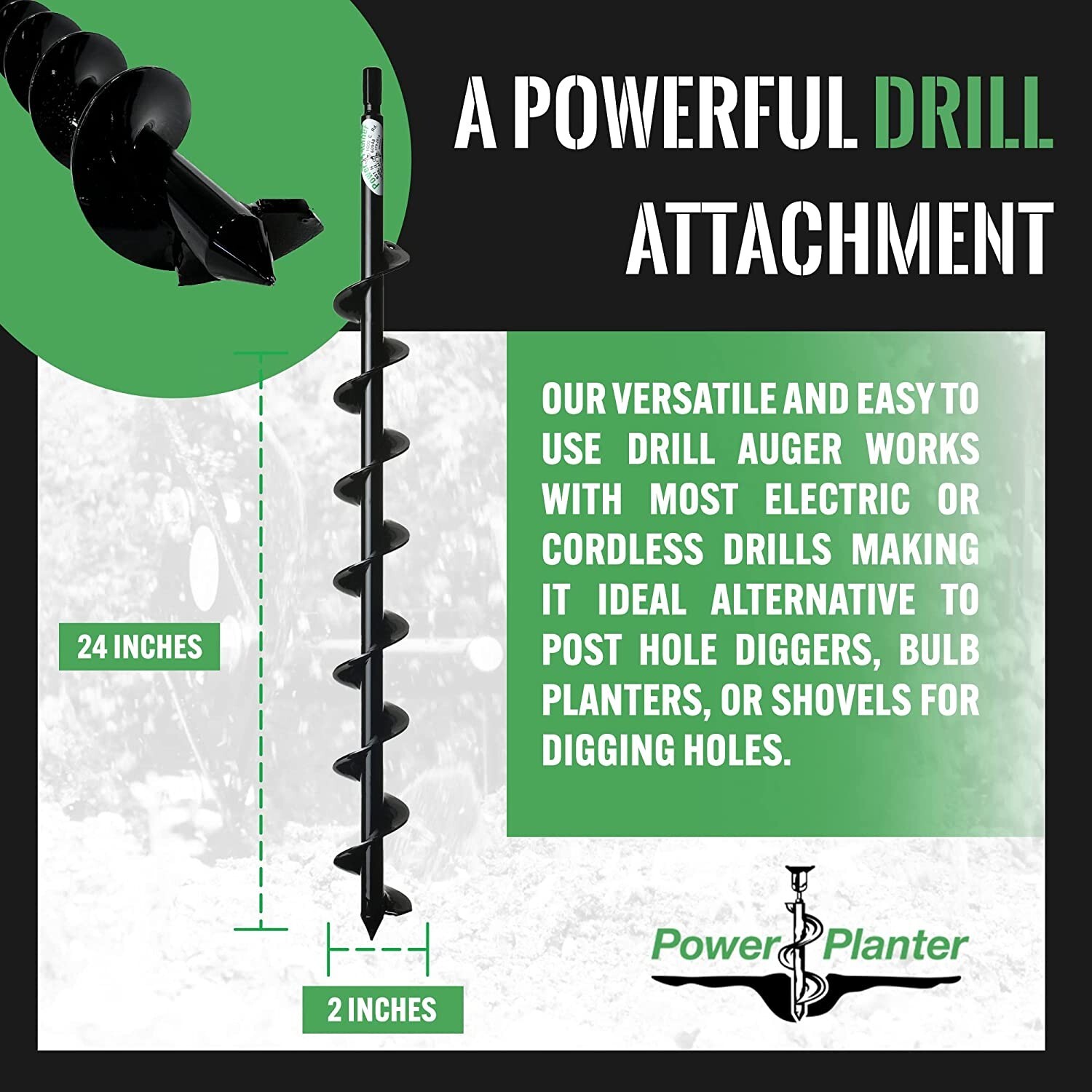 Power Planter Termite & Tree Auger 2"x24" With 1/2" Non-Slip Hex Drive