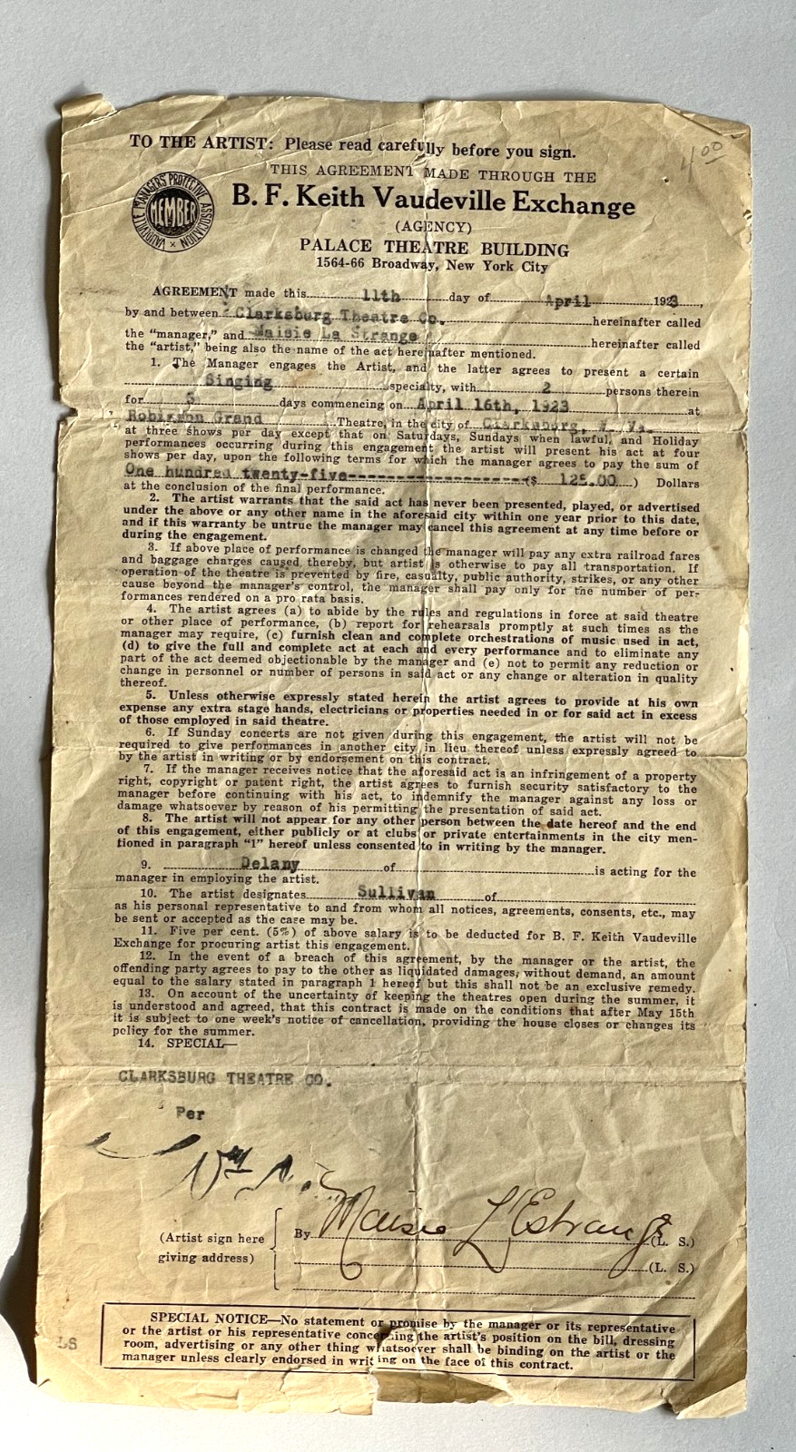 VINTAGE VAUDEVILLE SIGNED CONTRACT 1923 PALACE THEATRE NEW YORK