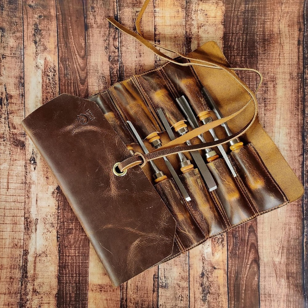 Leather Tool Roll Up Pouch (10 Slots) - Leather Tool Wrench Roll/Chisel Bag