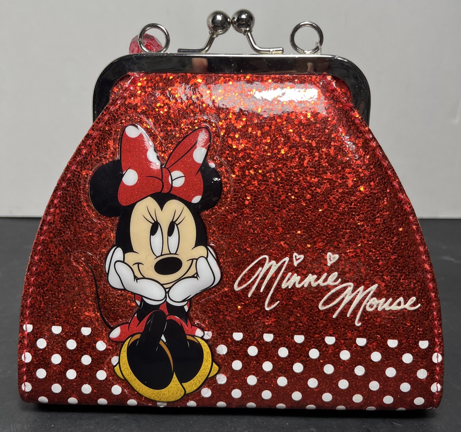 Walt Disney Parks Minnie Mouse Red Glitter Sparkle Coin Purse Bag W/ Kiss Lock