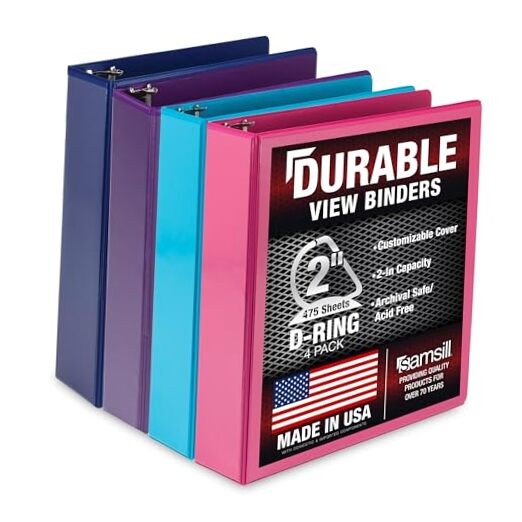 Durable 2 inch 3 Ring Binder, D Ring Binder, 4 Pack Fashion Assortment 2 Inch