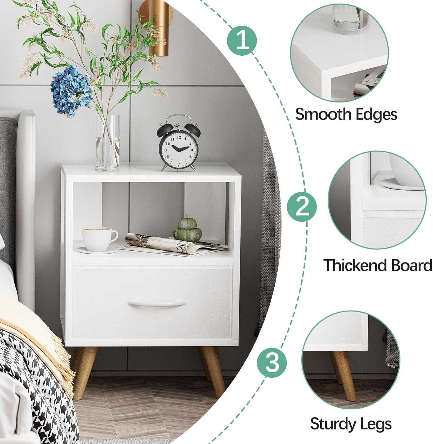 Night Stand White Kids Nightstand W/ Drawer Nursery Side Table W/ Open Storage