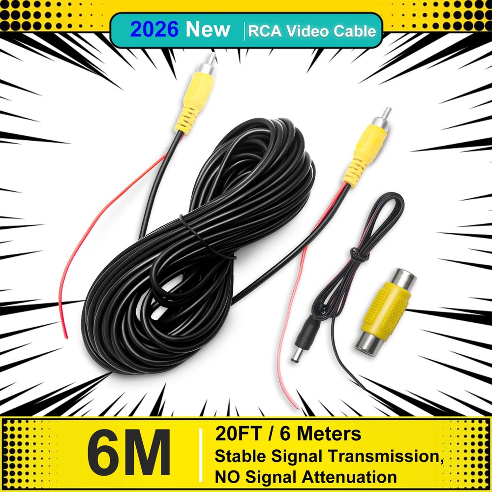 20FT6M RCA Video Cable with Detection Wire for Car Backup Camera Double Shielded