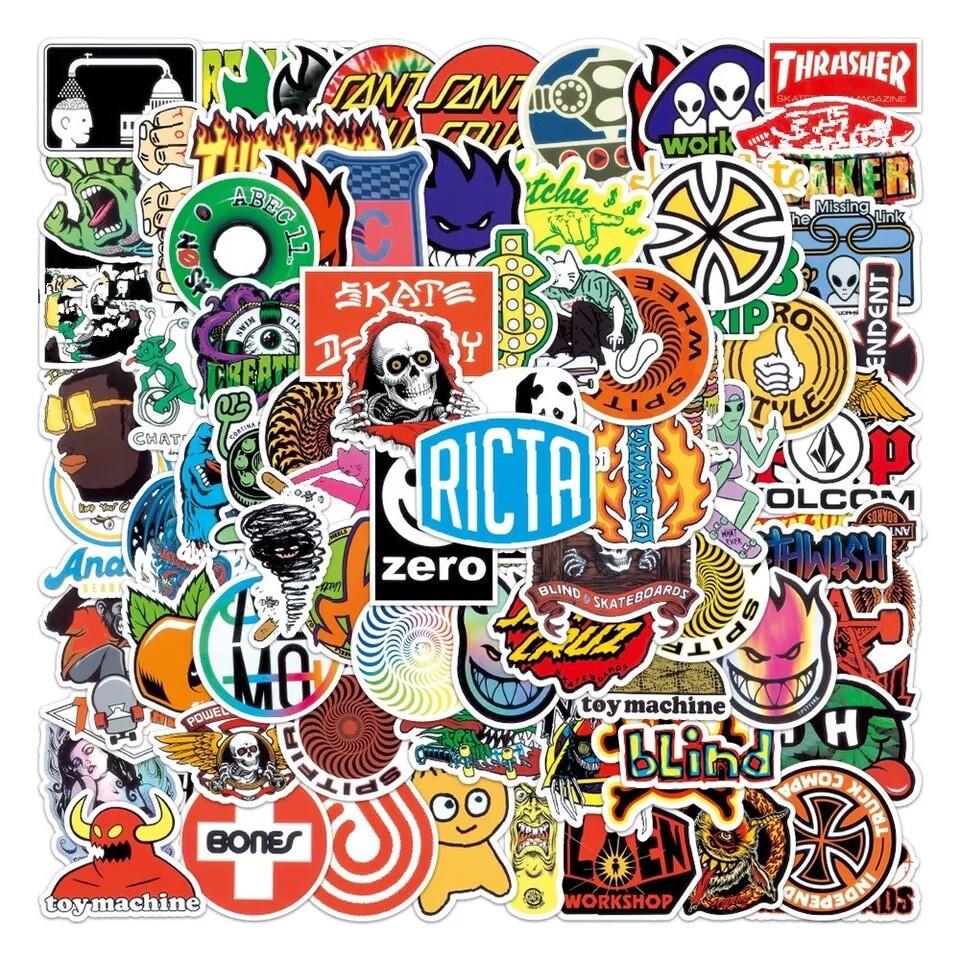 Skate Logo Brand Stickers 50pk Mix Santa Cruz Thrasher Baker Alien Skateboarding