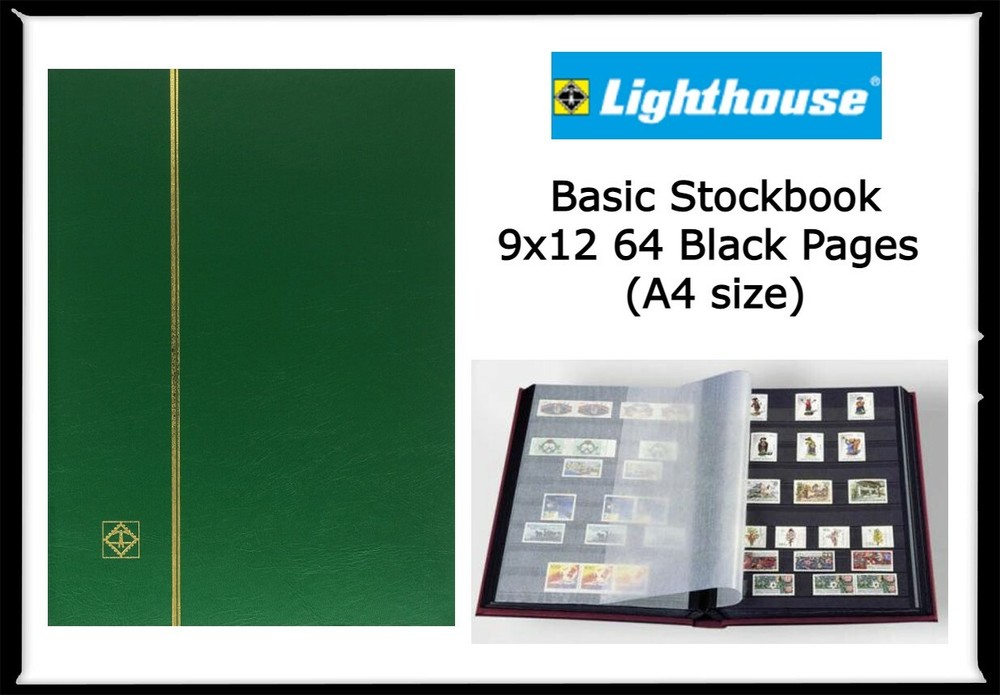 Stamp Stockbook GREEN Album Lighthouse 9x12 64 Black Pages Glassine Interleaves