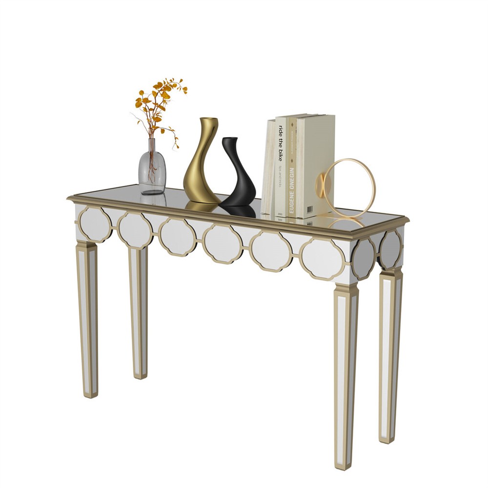1.2m Ultra Long Mirrored Console Table Gold Rim Lantern Pattern Entryway Table