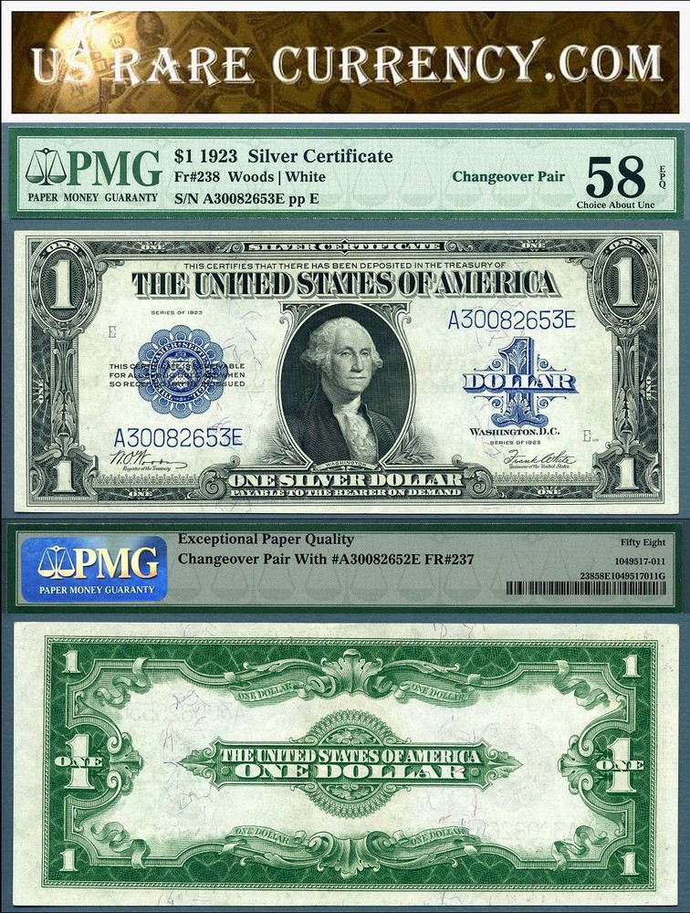 1923 $1 Silver Certificates "Change Over Pair" FR-237 FR-238 PMG Graded