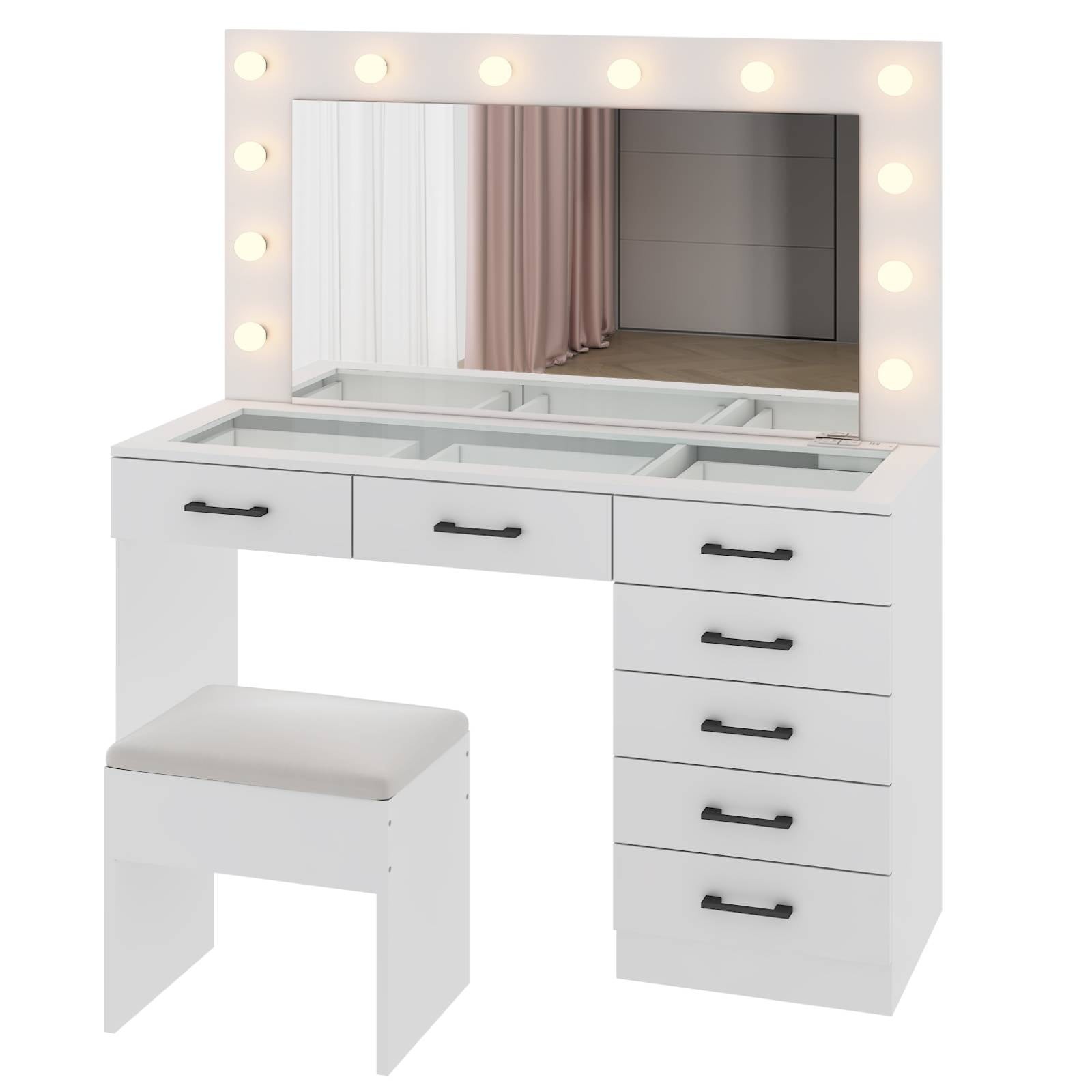 Ktaxon Large Makeup Vanity, Vanity Table Set w/ Visible Glass Top w/ Charging