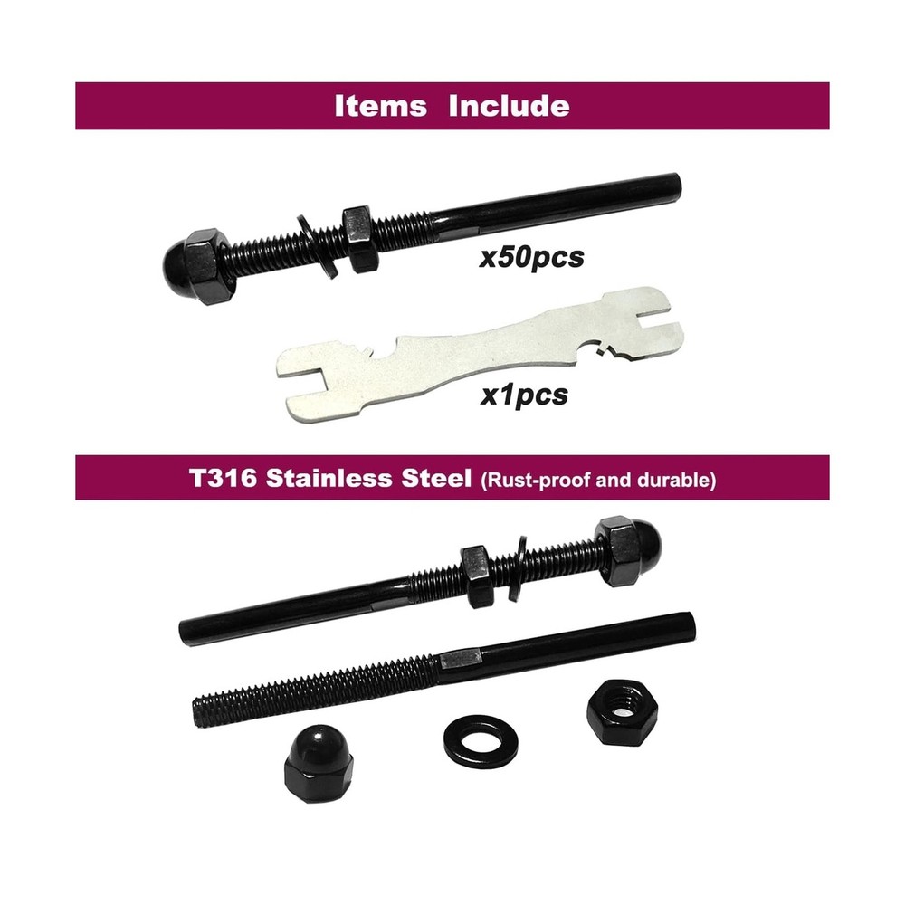 3/16 Black Cable Railing Hardware,Cable Railing System Kit,Stud Tensioner 50p...