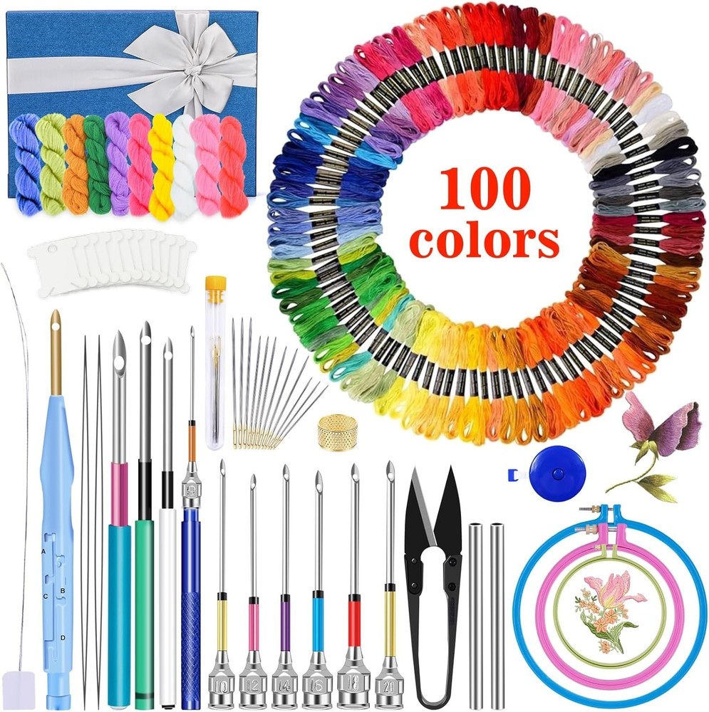JUPEAN Punch Needle Kit 156pcs, Embroidery Tool & Thread Set for Beginners