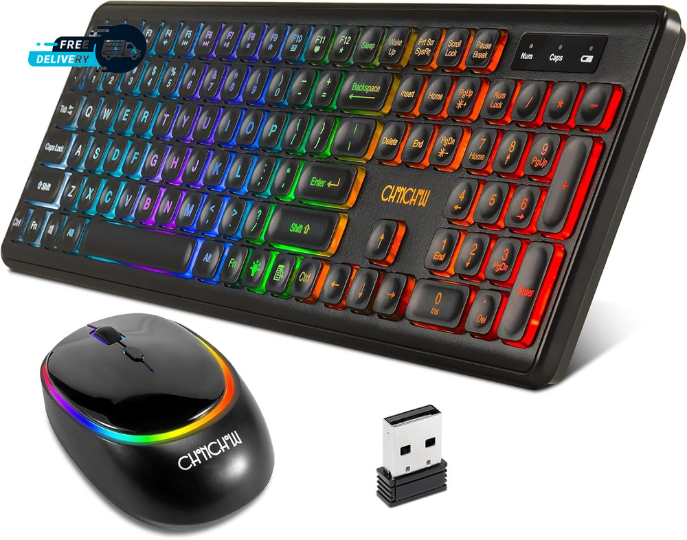 Wireless Keyboard and Mouse  Rechargeable LED Combo RGB Backlit Silent USB