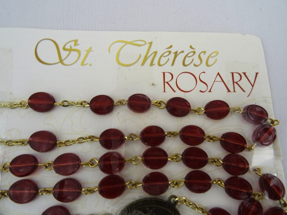 Catholic Rosary Beads St Therese Red Plastic Beads Vintage Necklace on card