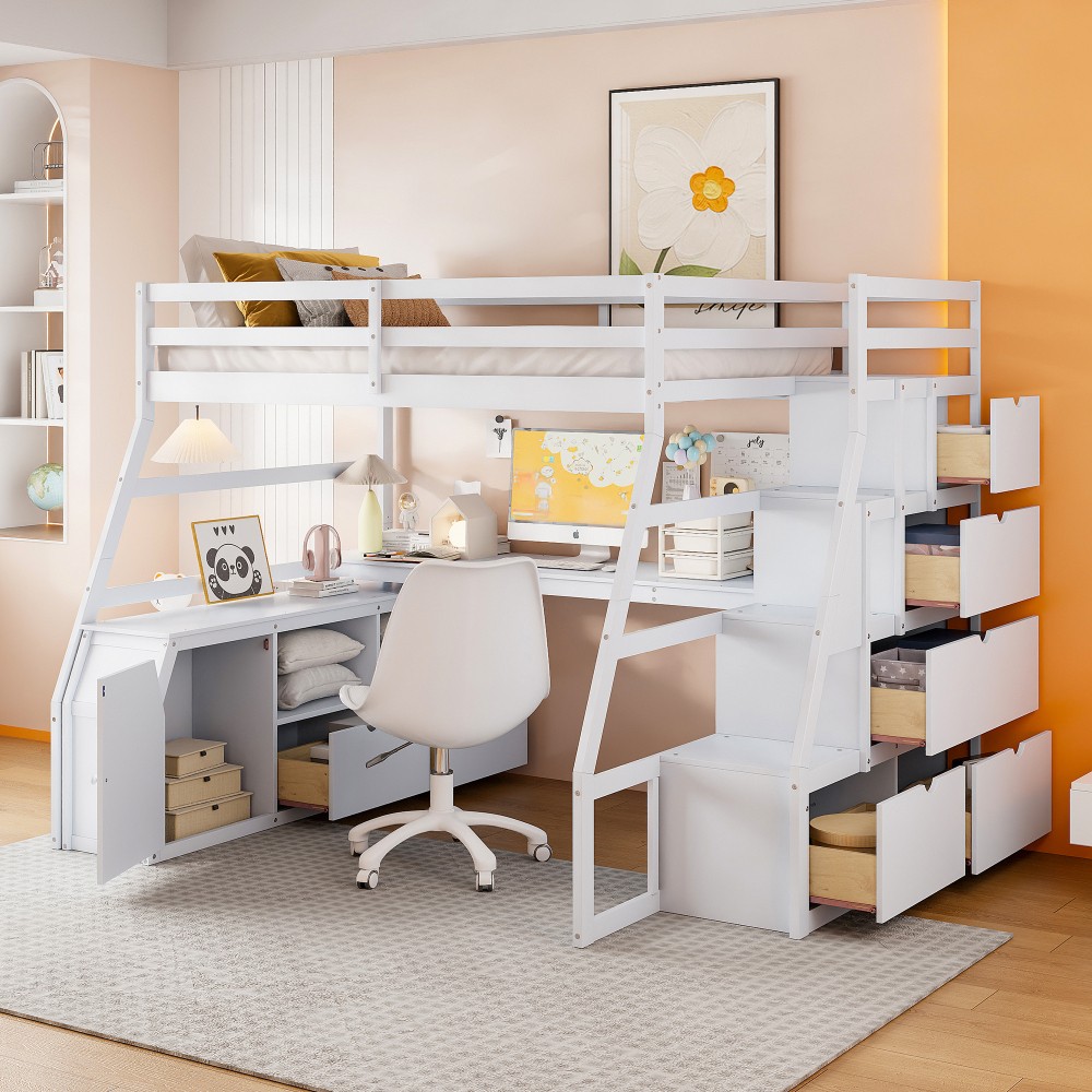 Full Loft Bed w/ Desk & Storage - White - Sturdy Pine Frame