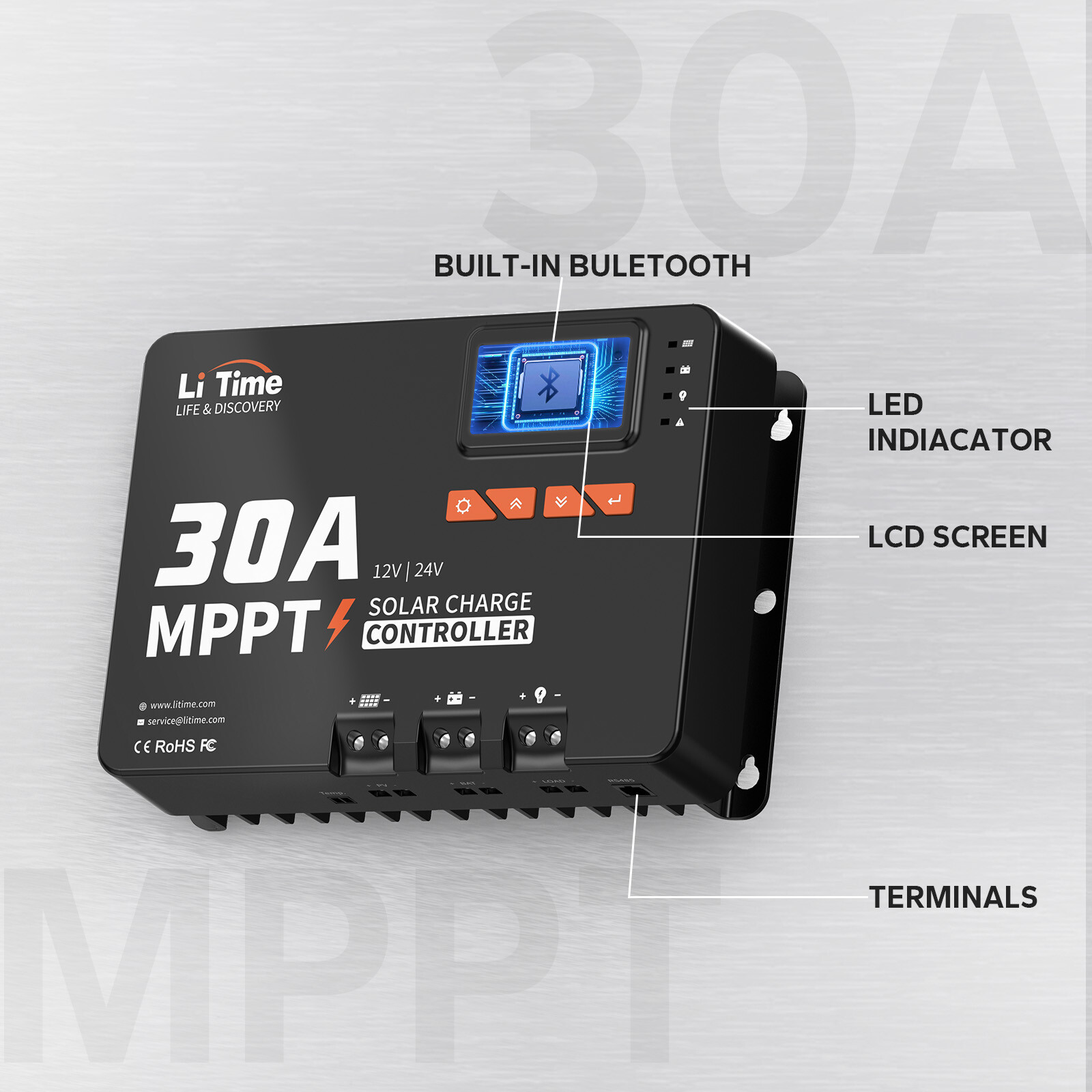 Litime 30 Amp 12V/24V DC Input Bluetooth MPPT Solar Charge Controller