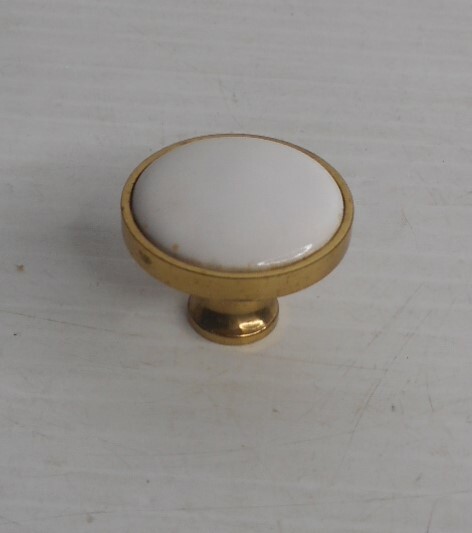 Vintage BRASS PORCELAIN White Knobs Drawer Pulls 1 1/4" diameter x 1" high