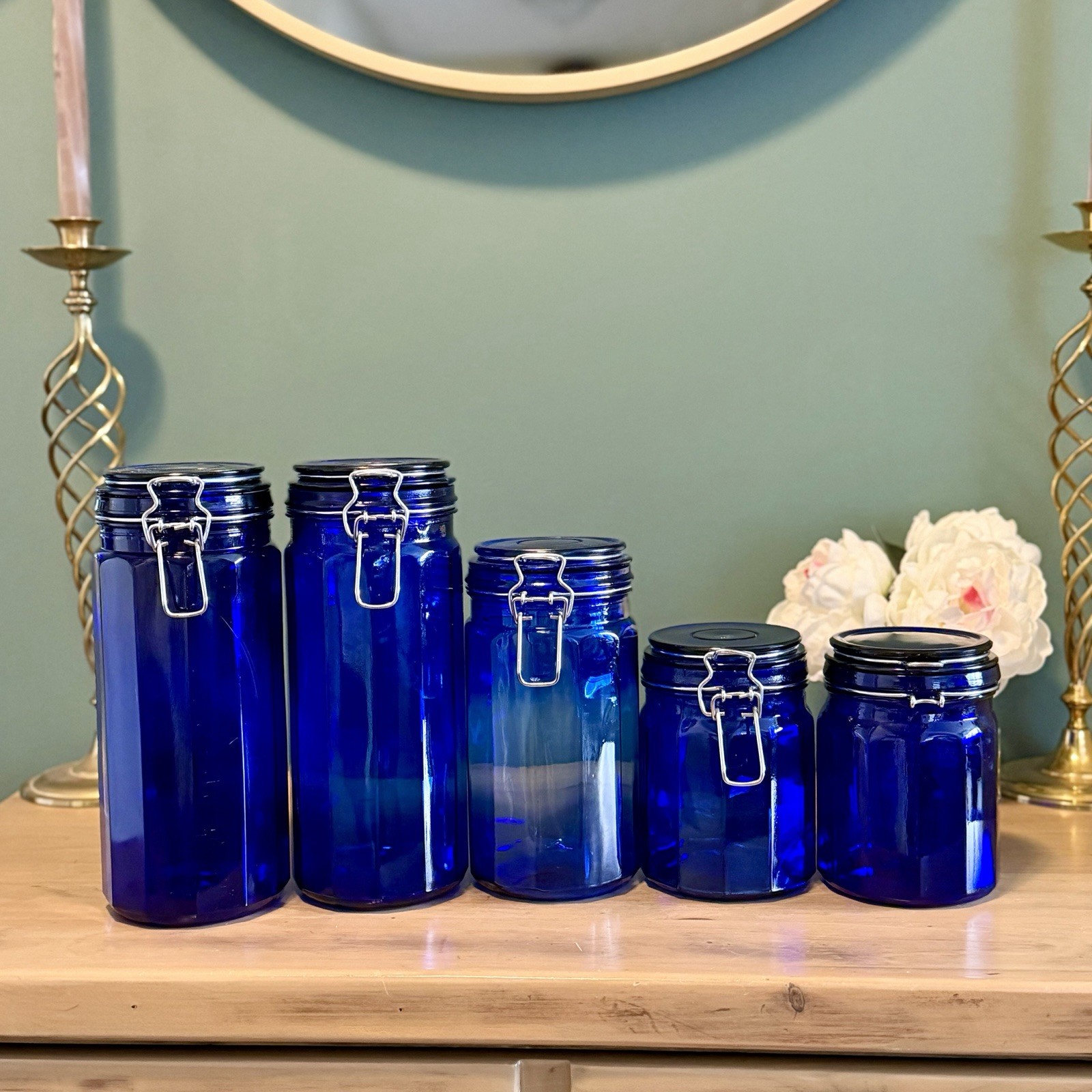Vintage Cobalt Blue Glass Canister Set 5 Wire Bale Jars Italian Glass
