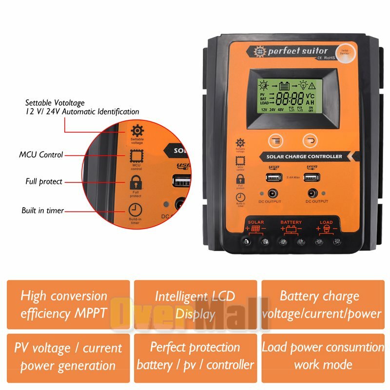 12/24V 100A MPPT Solar Charge Controller Panel Battery Regulator Dual USB Timer