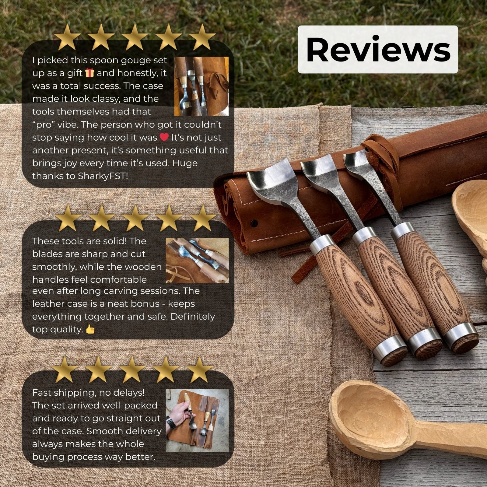 Set of 3 - 0.8, 1.2, 1.6'' Spoon Carving Gouges Hand-Forged Tool Bowls, Kuksas