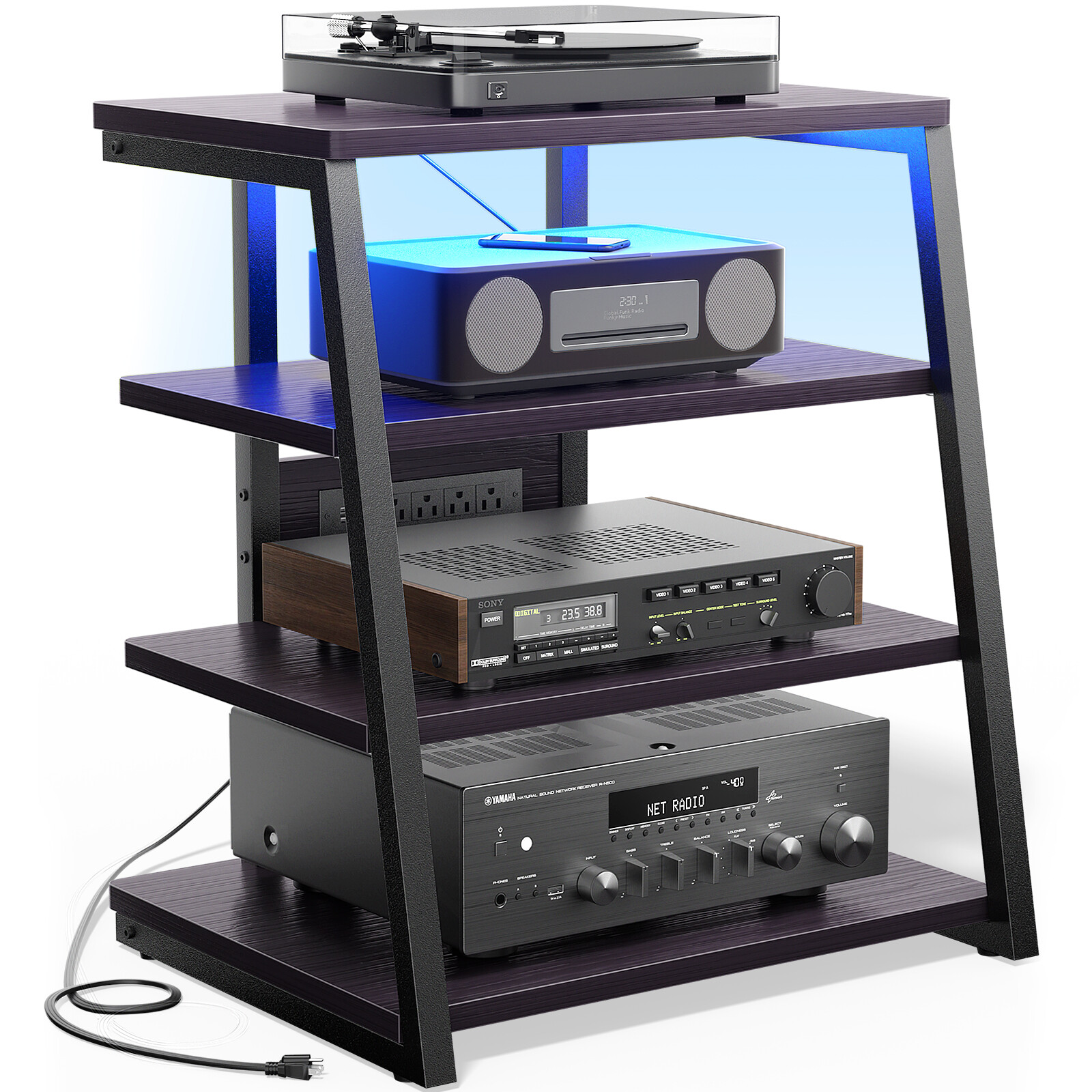 AV Media Stand with Outlets, Media Console with LED Lights, Stereo Racks