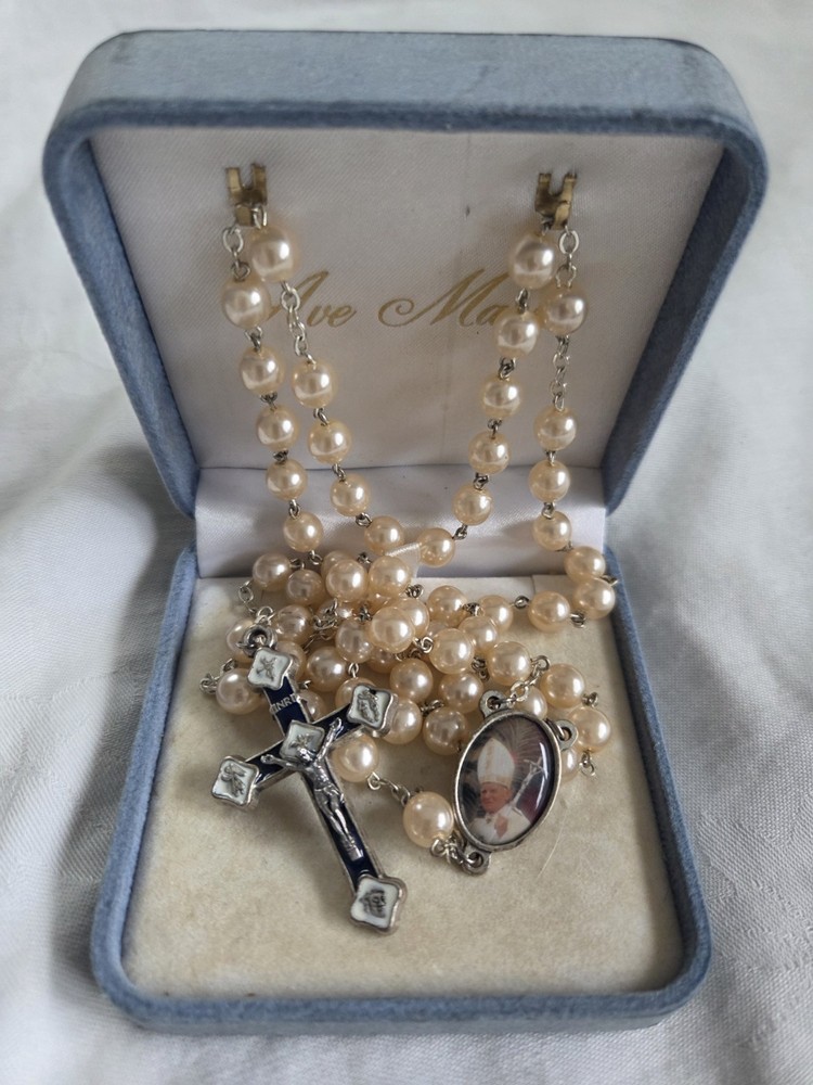 Vintage Ave Maria Italian Pink ish Glass Bead Rosary Pope John Paul II ITALY