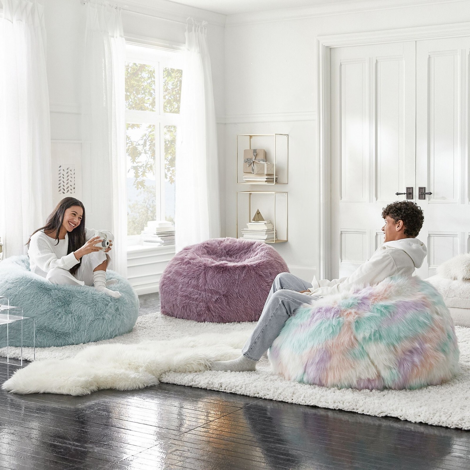 NEW Pottery Barn Faux Fur Porcelain Blue Bean Bag Ottoman Poof Chair Cover Only