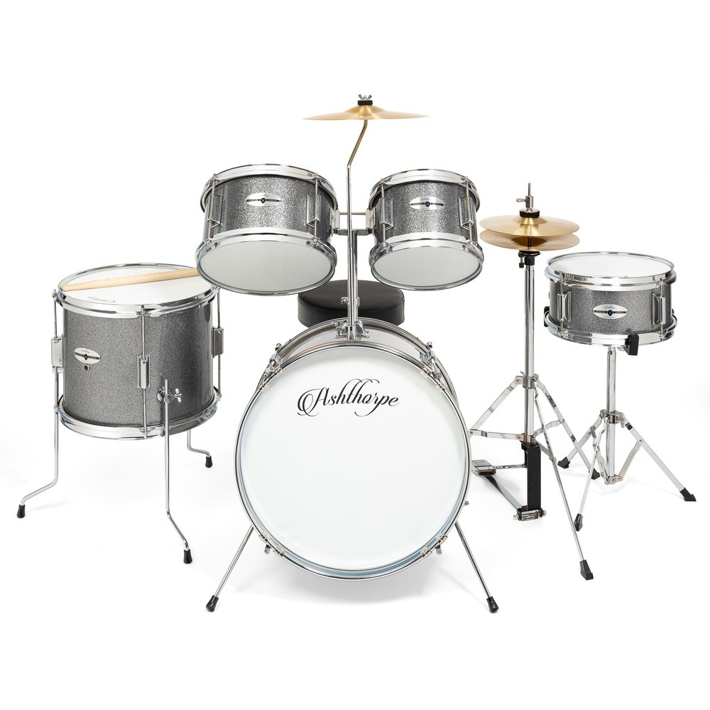 OPEN BOX - 5-Piece Junior Drum Set with Brass Cymbals - Starter Kit - Silver
