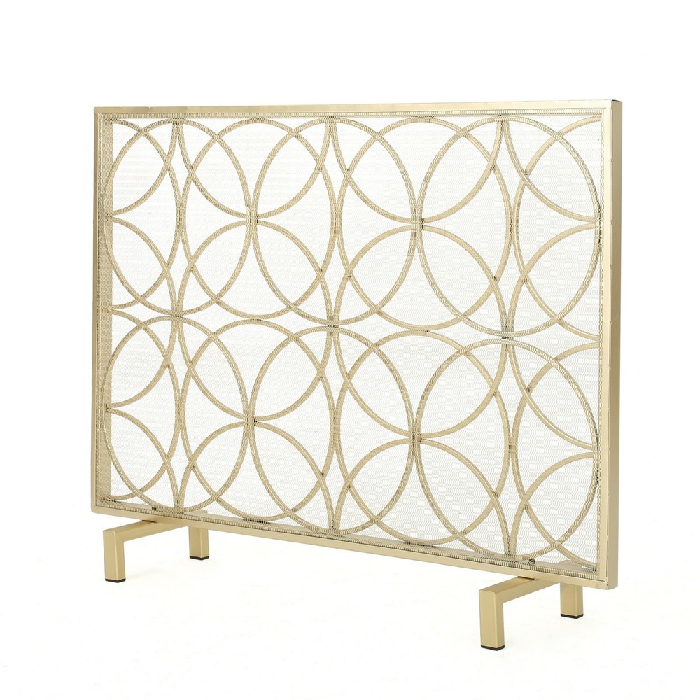 Veritas Modern Glam Single Panel Iron Fireplace Screen with Circle Pattern