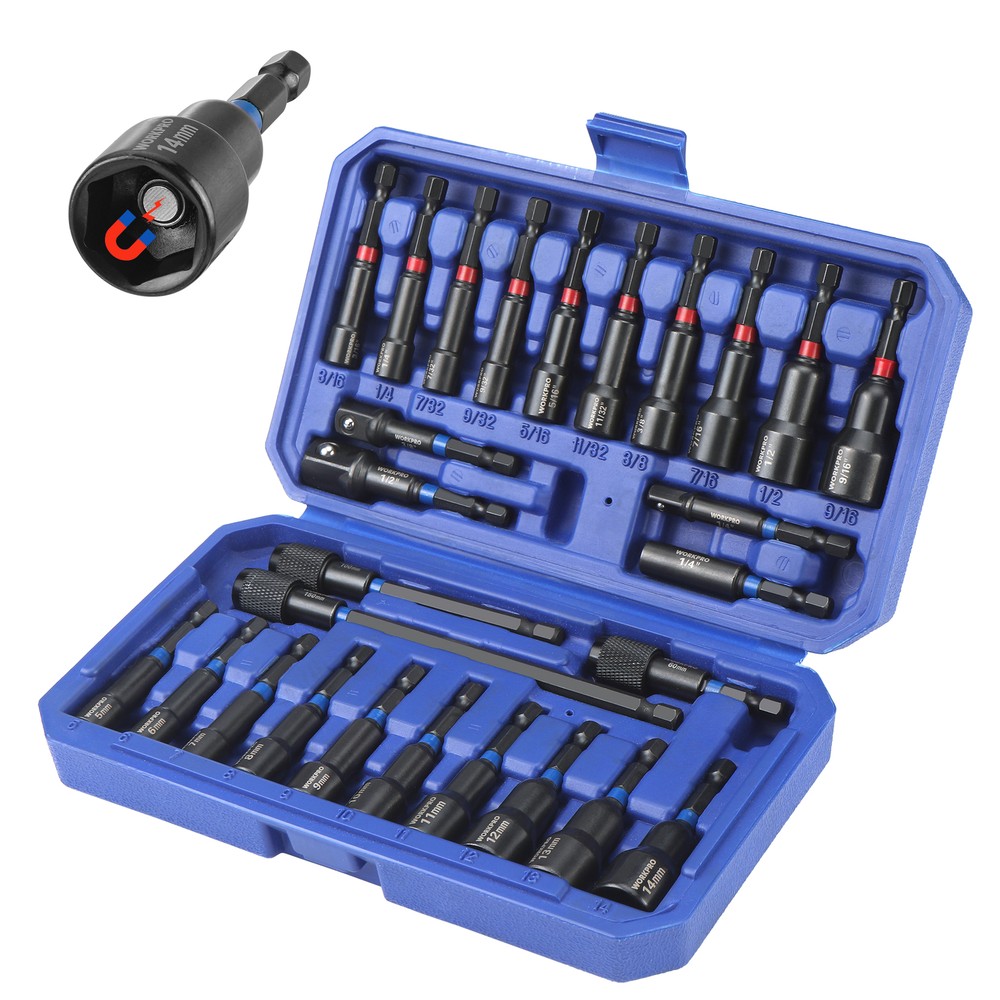 WORKPRO 27PCS Magnetic Nut Driver Set Impact Drill Driver Bit 1/4" Hex Shank NEW