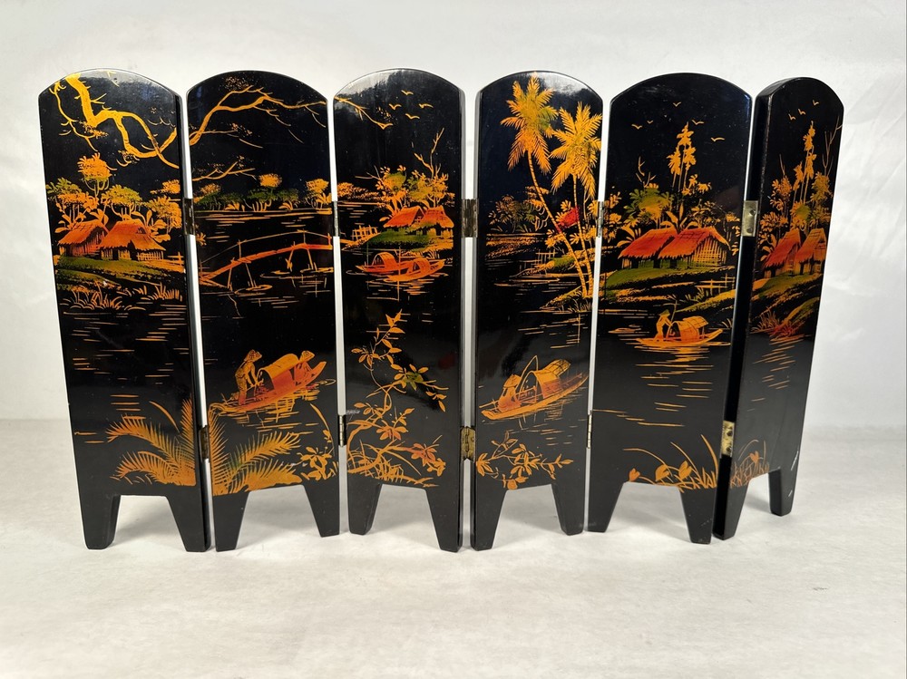 VTG Mini Oriental Folding Screen Divider 6 Panel Lacquer Wood Reversible