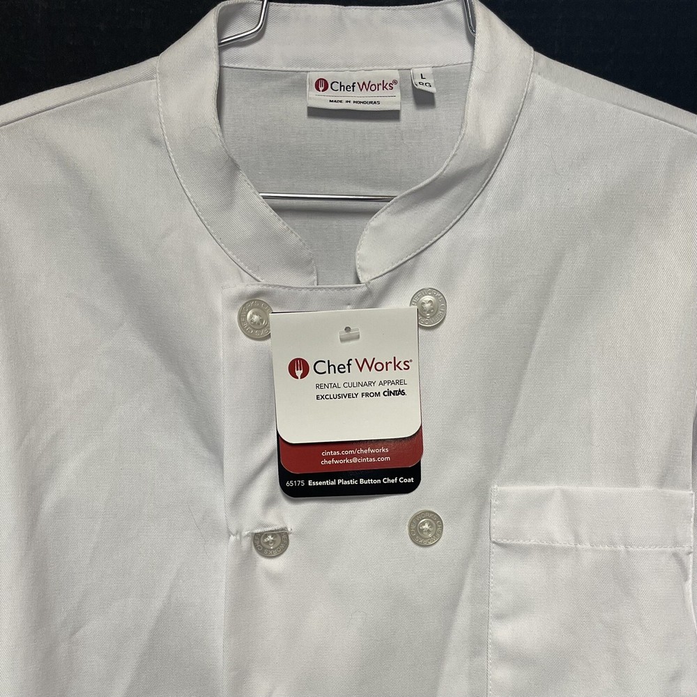 Chef Works Unisex Essential Plastic Button Le Mans Coat White Large Regular NEW