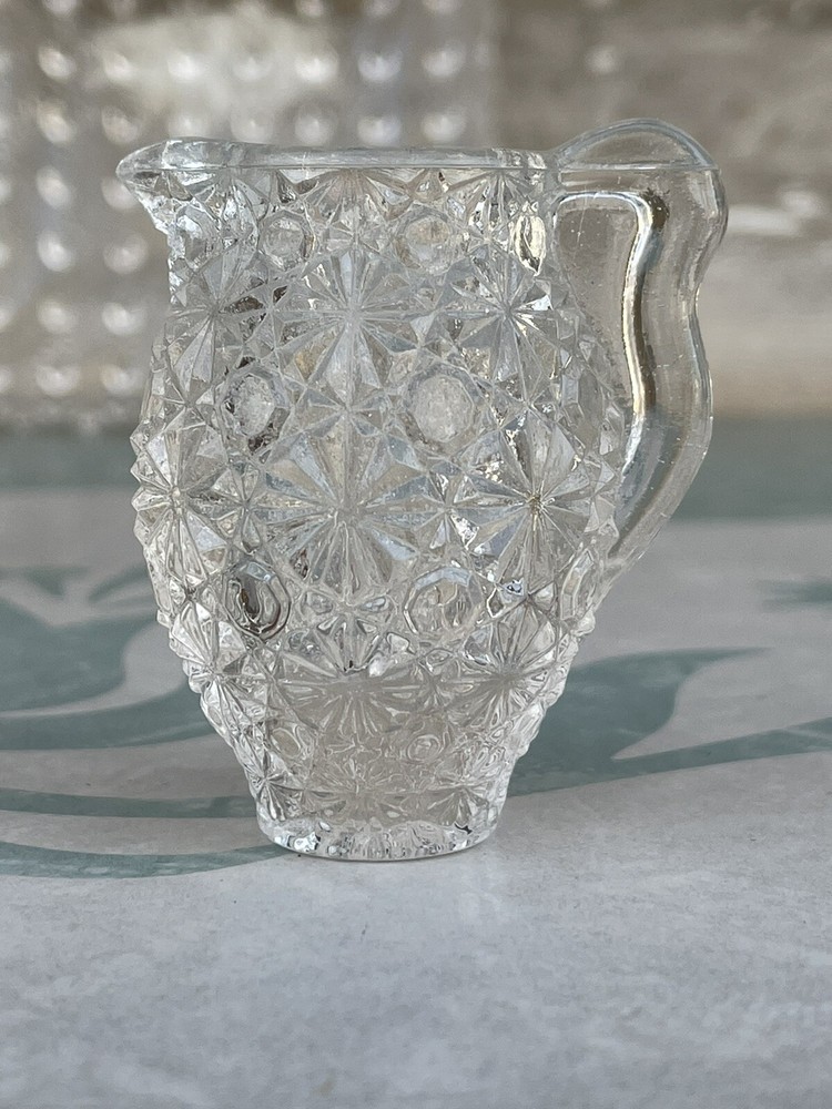 Wright/Smith Glass Daisy & Button Clear Square Plate Mini Pitcher 3 Toed Kettle
