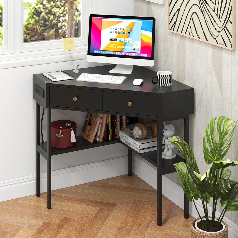 Costway Corner Computer Desk Writing Workstation Study Desk w/ 2 Drawers Black