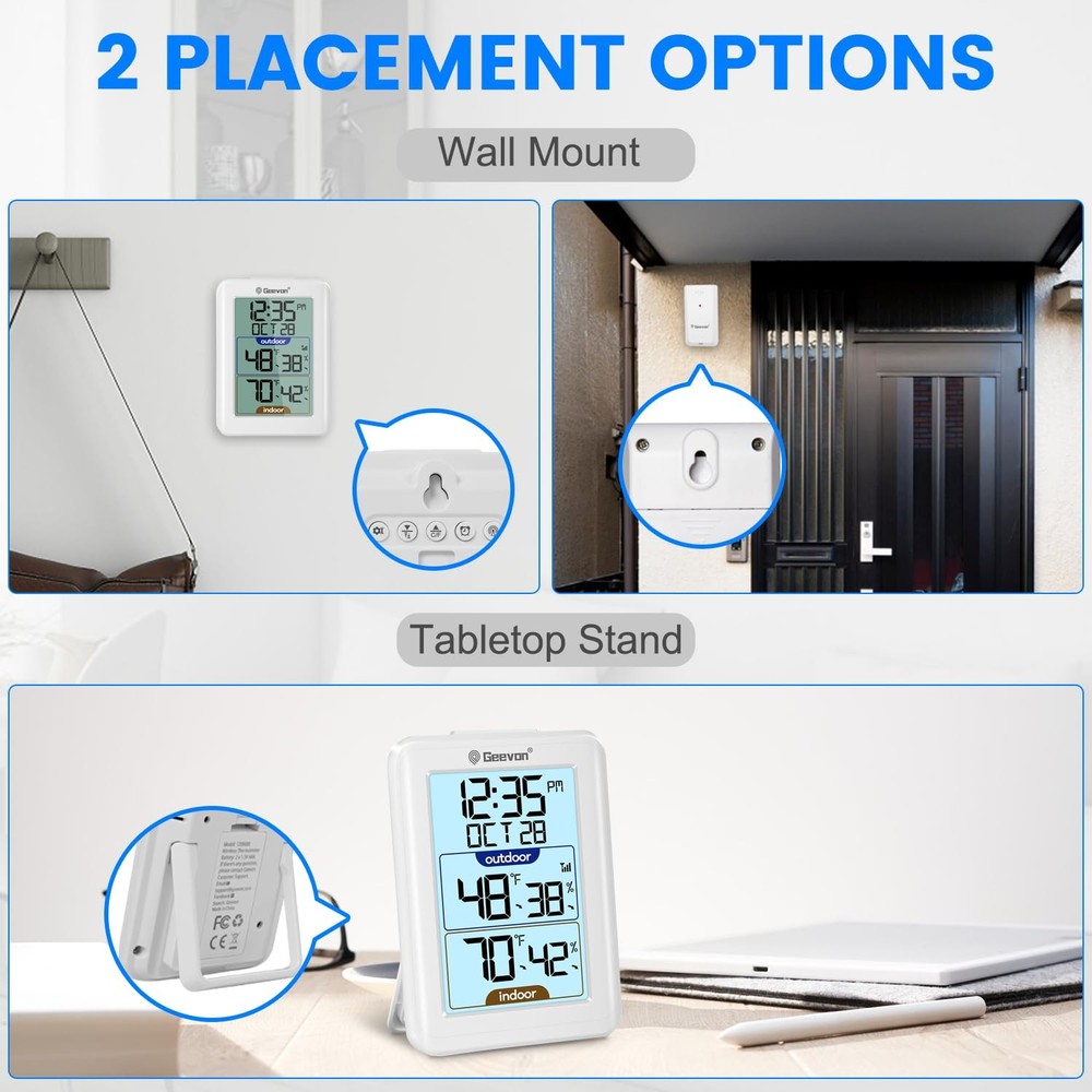 Digital Hygrometer Indoor Outdoor Thermometer Wireless with Clock, Backlight ...