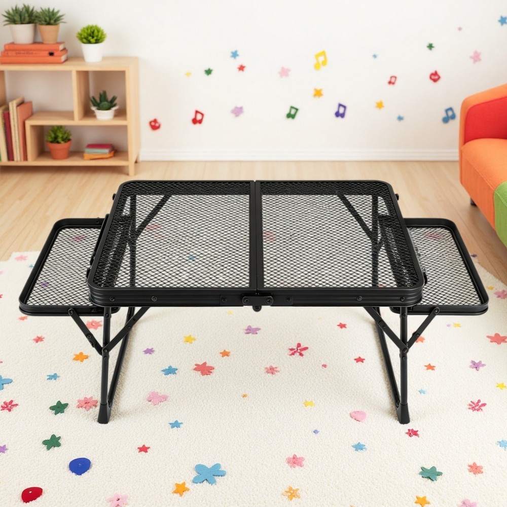 3ft Folding Camping Wire Mesh Table - Side Wings Adjustable Aluminum Frame Black