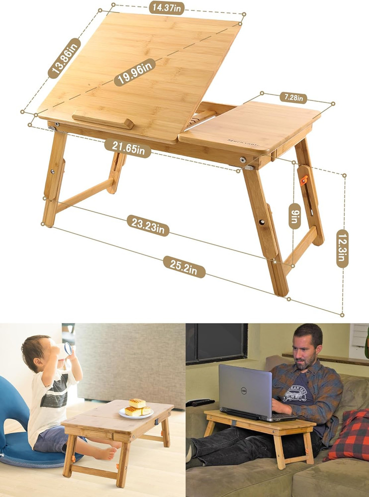 Laptop Desk Table Adjustable 100% Bamboo Foldable Breakfast Serving Bed Tray W'