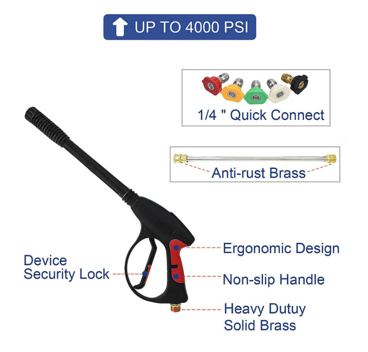 4000PSI High Pressure Power Washer Spray Gun Wand Lance Quick Nozzle Tips Kit