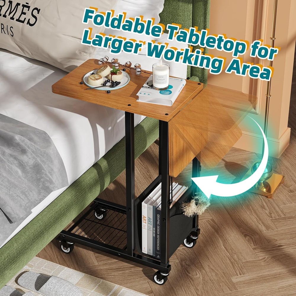 C Shaped End Table Folding TV Tray Couch Side Table Sofa on Wheels Black