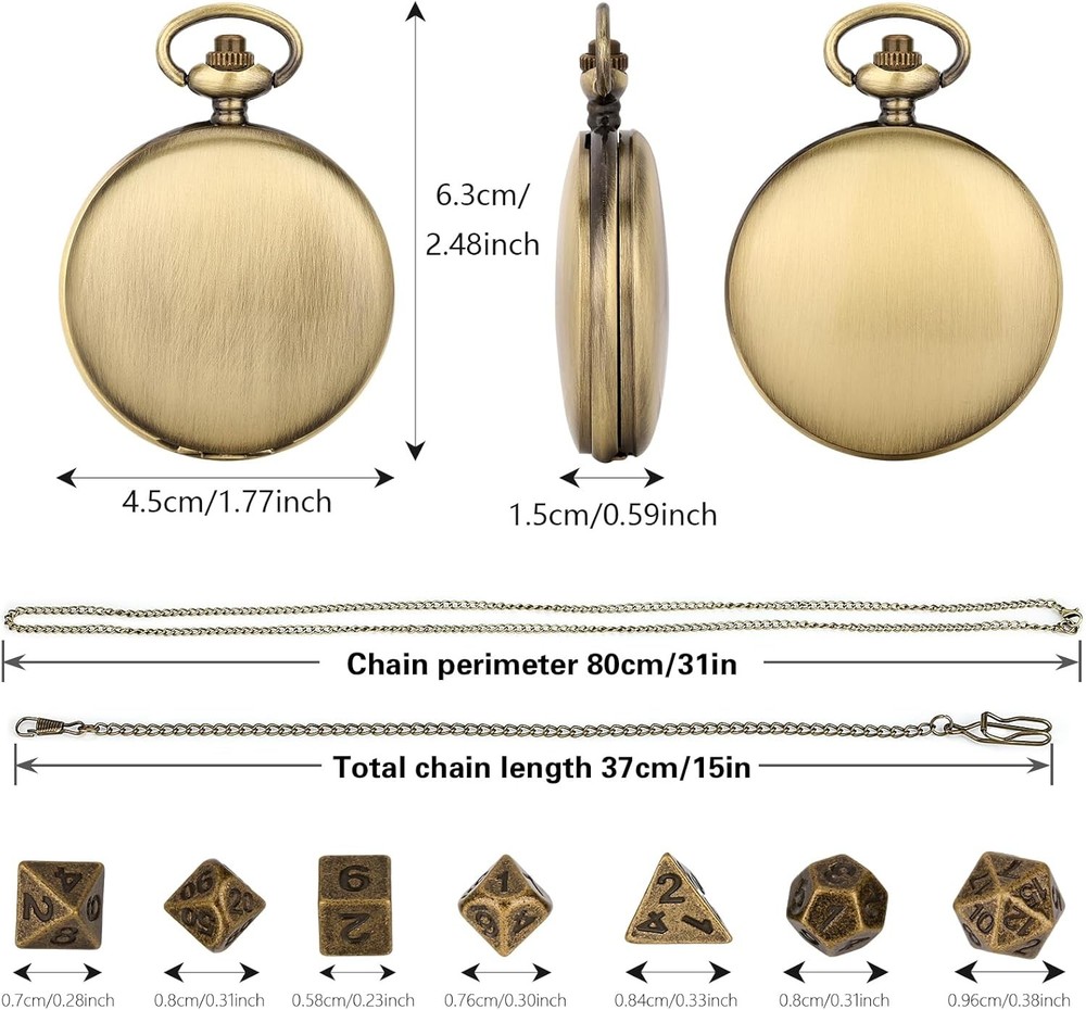 Mini DND Dice Set with Smooth Pocket Watch Shell Case, 7pcs Polyhedral Metal D&D