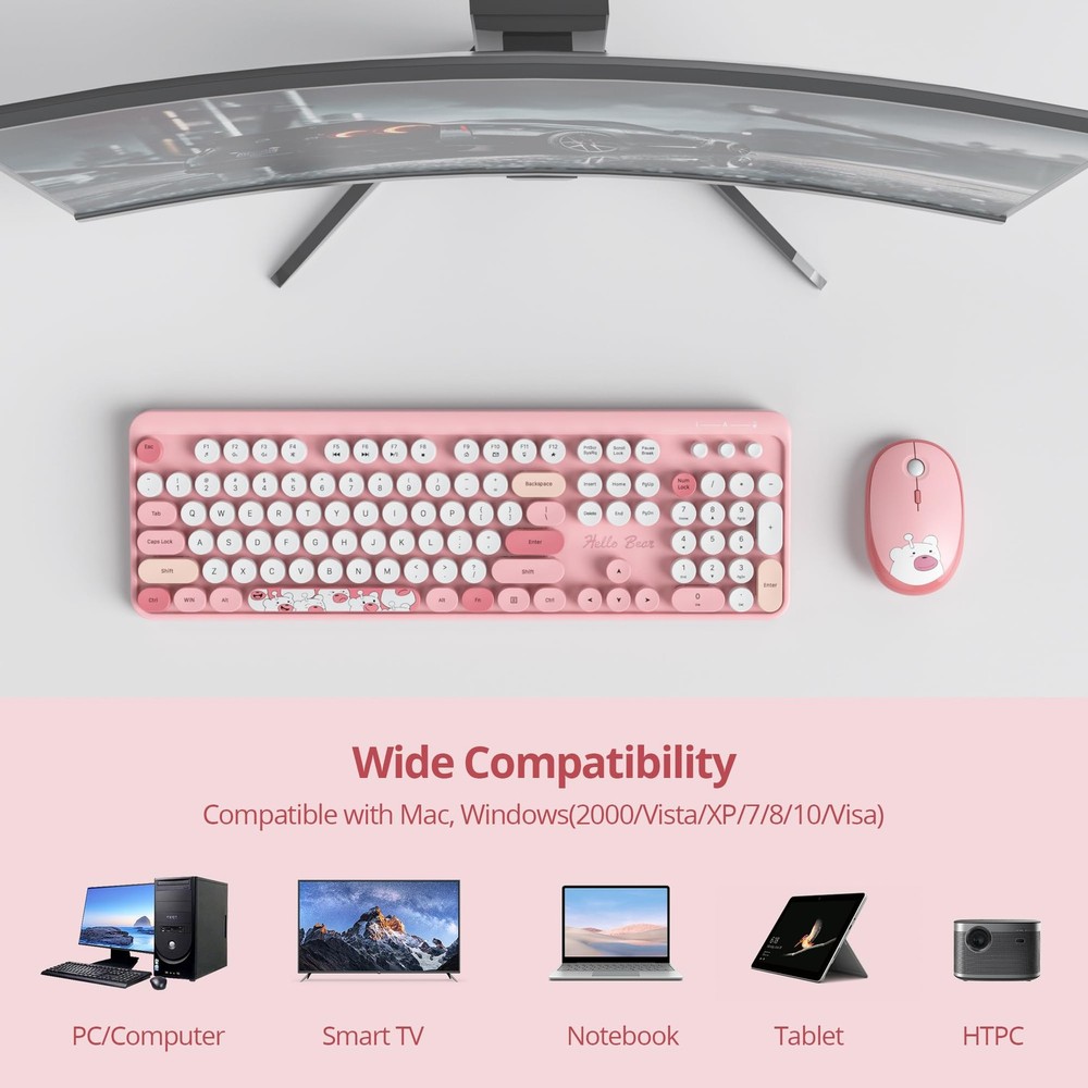 GTSP Pink Typewriter Keyboard Wireless Mouse Combo Cute Office Full Sized