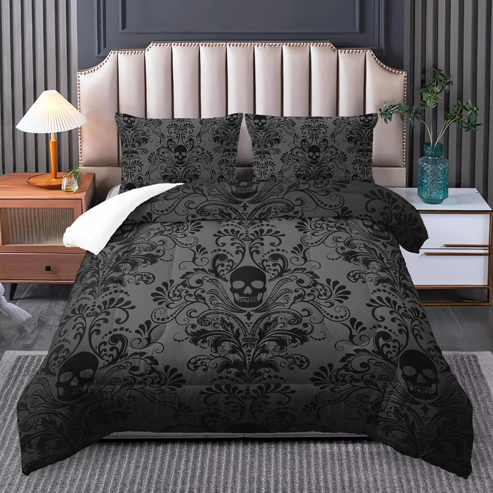 Skull Bedding Set - King Size Gothic Boho Comforter Set with Skull Pattern