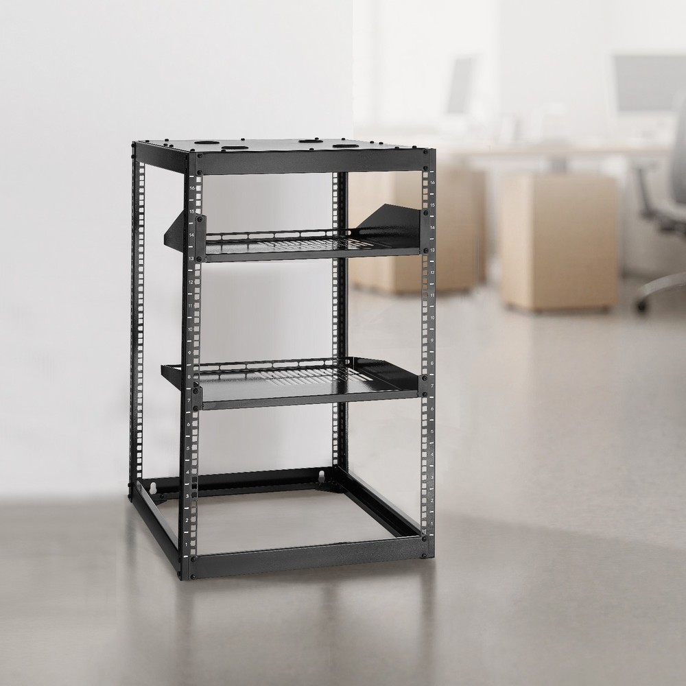VEVOR 16U Open Frame Network Rack Wall Mounted Server Rack 4 Post with Shelves