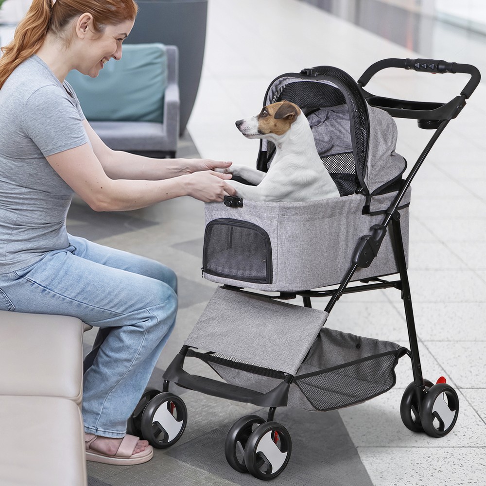 Dog Stroller Cat Stroller 3-in-1 Multifunctional 4 Wheels Lightweight Foldable