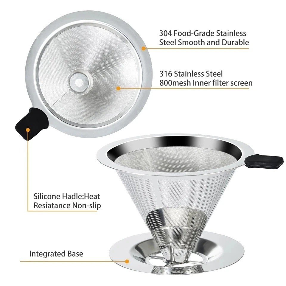 Pour Over Coffee Dripper Slow Drip Paperless Coffee Filter Double Mesh Stainless