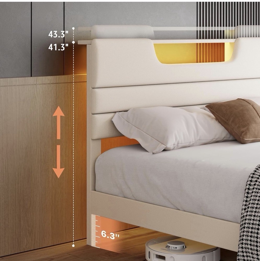 Queen Platform Bed Frame Beige LED Lights Charging Station Storage Headboard