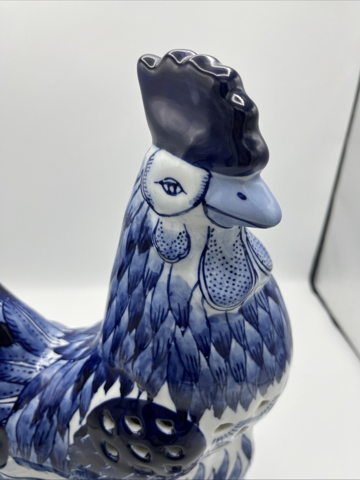 Ceramic Blue And White Chinoiserie Pierced Rooster Bird 15" High