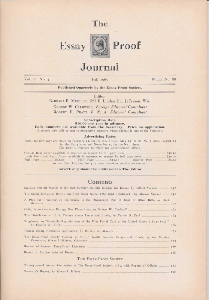Essay Proof Journal, Fall 1965 Vol. 22 No. 4, Swedish Portrait stamps