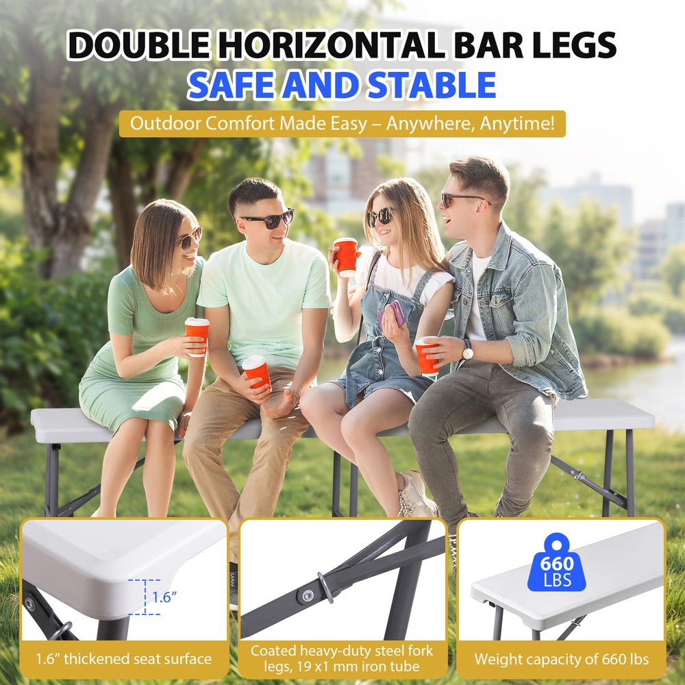 6ft Plastic Folding Bench 2 Pack Portable Waterproof Dining Seat w/ Handle White