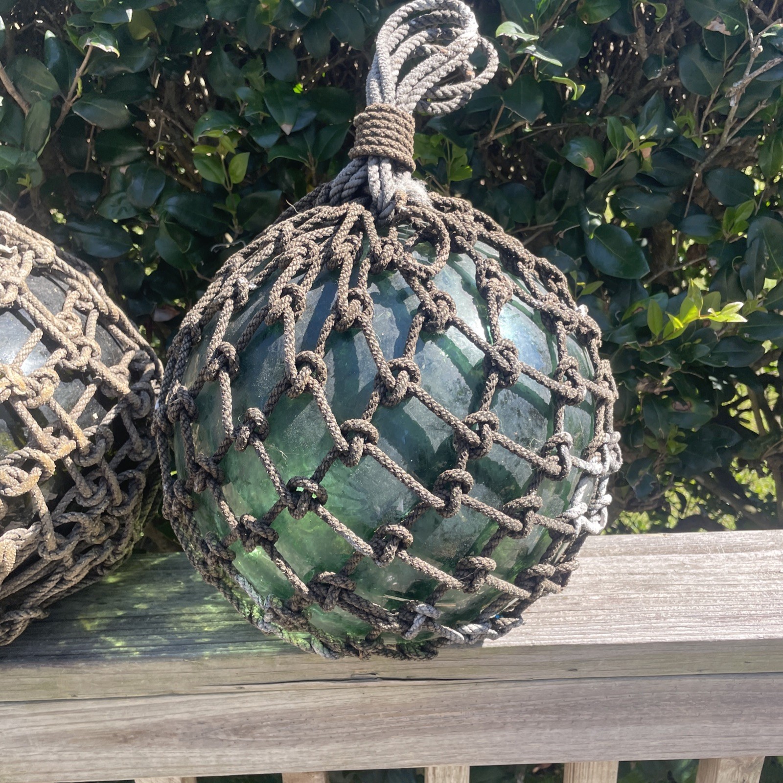 Japanese Large Glass Fishing Float Buoy Ball Net Vintage, Green