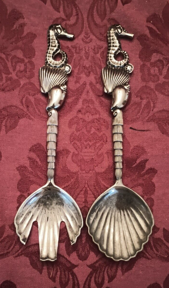Godinger Seahorse and Shell Silverplate Serving Spoon and Fork - Nice!